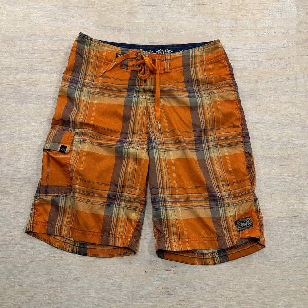 Lost Board Shorts Mayhem Plaid Cargo Pocket Orange 32 Mens Swim Trunks